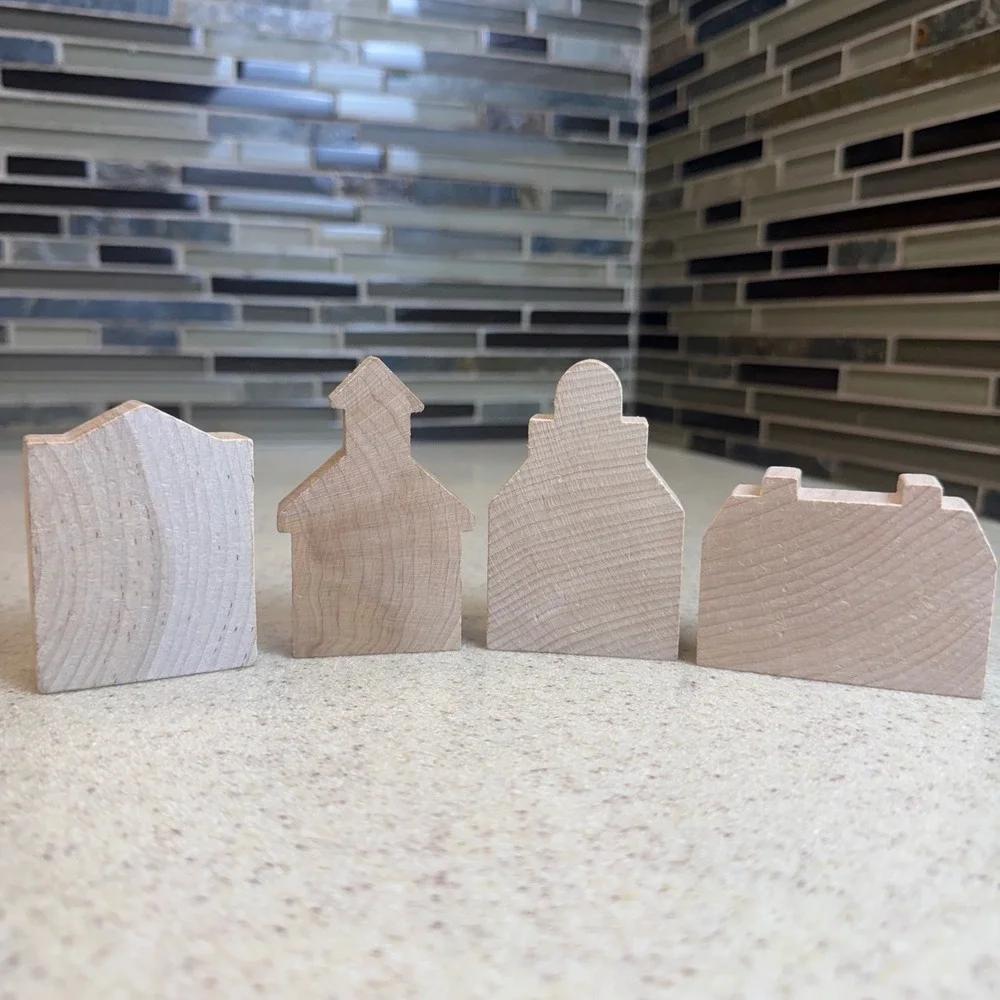 37pc Unfinished Wood Miniature Village Set DIY Crafts Houses Church Schoolhouse